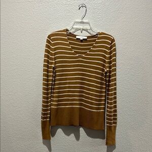 LOFT Striped Rib Trim V Neck Sweater Golden Camel Sz X Small  Effortless Casual